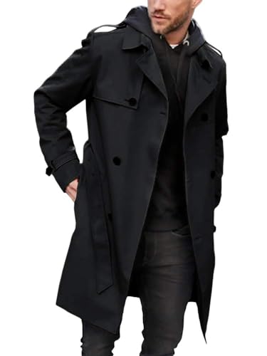 EsukAr Herren Zweireiher Trenchcoat Mit Gürtel Langes Revers Business Jacke,Schwarz,XXL von EsukAr