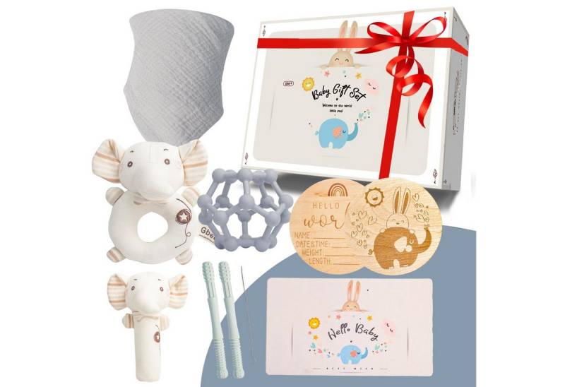 Esun Neugeborenen-Geschenkset Geschenke zur Geburt Junge, Baby Geschenk Rassel (Baby Geschenk 6-in-1-Set Rassel) Lätzchen, Beißring Bälle, Beißröhrchen, Kuscheltier von Esun
