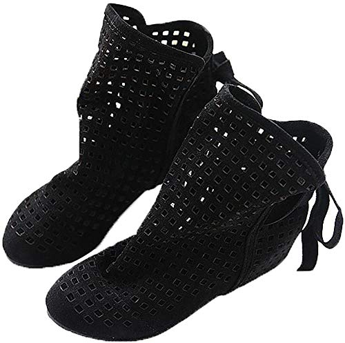 Ankle Boots Damen Flach Sommer Stiefeletten mit Schnürung und Absatz Cut Out Sandalen Gladiator Römersandalen Schuhe(Schwarz,37) von Etebella