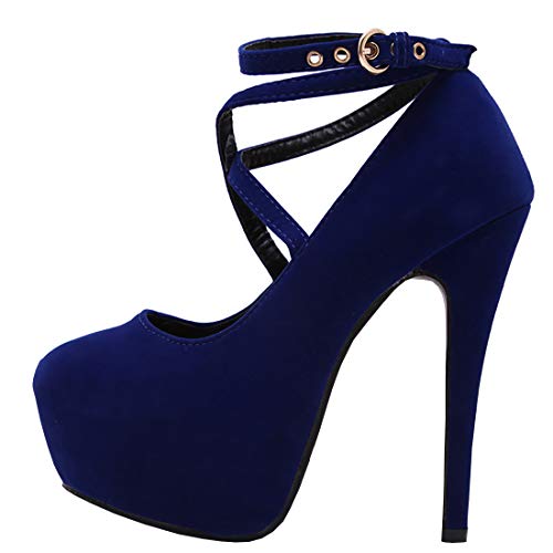 Etebella Damen Ankel Strap High Heels Plateau Pumps mit Pfennigabsatz Elegant Abend Schuhe(Blau,41) von Etebella