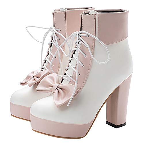 Etebella Damen Ankle Boots Blockabsatz High Heels Plateau Schnürstiefeletten mit Schleife Rockabilly Schuhe (Rosa,41) von Etebella