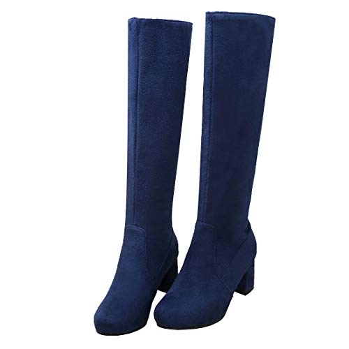Etebella Damen Blockabsatz High Heels Kniehohe Stiefel zum Schnüren Knee High Lace Up Boots Elegante Schuhe (Blau,39) von Etebella