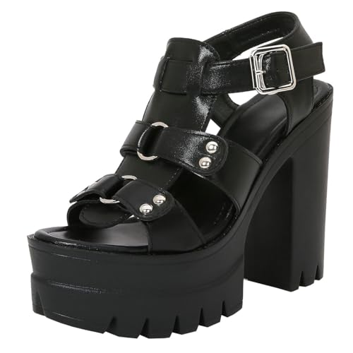 Etebella Damen Blockabsatz High Heels Plateau Gladiator Sandalen Riemchen Römersandalen Moderne Gothic Schuhe (Schwarz, numeric_39) von Etebella