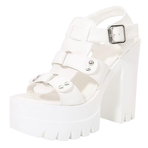 Etebella Damen Blockabsatz High Heels Plateau Gladiator Sandalen Riemchen Römersandalen Moderne Gothic Schuhe (Weiß,38) von Etebella
