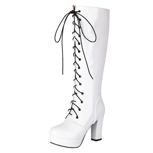 Etebella Damen Blockabsatz High Heels Plateau Kniehohe Stiefel zum Schnüren Lack Knee High Boots Winter Moderne Schuhe(Weiß,42) von Etebella