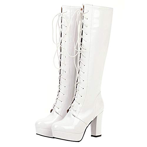 Etebella Damen Blockabsatz High Heels Plateau Kniehohe Stiefel zum Schnüren Lack Knee High Boots Winter Moderne Schuhe (Weiß,40) von Etebella