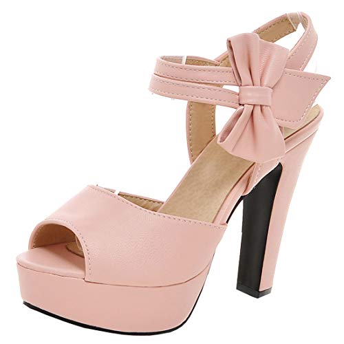 Etebella Damen Blockabsatz High Heels Plateau Sandalen Peeptoe Slingback Sandaletten Rockabilly Schleife Sommer Schuhe (Rosa,34) von Etebella