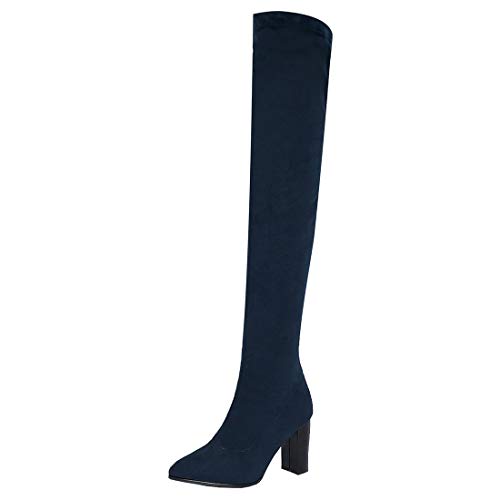 Etebella Damen Blockabsatz High Heels Stretch Overknee Stiefel Spitze Thigh High Boots Sexy Slip On Elegante Schuhe (Blau,38) von Etebella