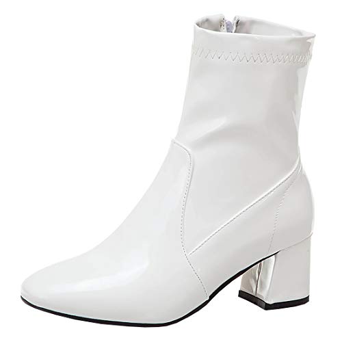 Etebella Damen Blockabsatz Lack Stiefeletten Square Toe Chunky Heels Ankle Boots mit Reißverschluss Moderne Schuhe (Weiß,42) von Etebella