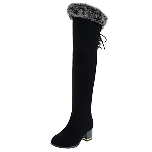 Etebella Damen Blockabsatz Overknee Stiefel mit Schnürung Hinten und Fell High Heels Langschaft Thigh Boots Warm Winter Schuhe (Schwarz,35) von Etebella