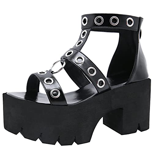 Etebella Damen Blockabsatz Plateau Gothic Sandalen High Heels Open Toe Punk Reißverschluss Schuhe (Schwarz,36) von Etebella