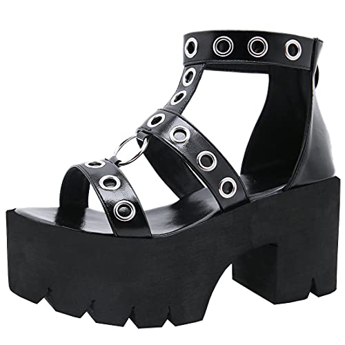 Etebella Damen Blockabsatz Plateau Gothic Sandalen High Heels Open Toe Punk Reißverschluss Schuhe (Schwarz,41) von Etebella