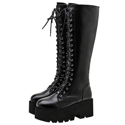 Etebella Damen Blockabsatz Plateau Gothic kniehohe Stiefel zum Schnüren Knee High Combat Boots Punk Kniestiefel High Heels (Schwarz 4,38) von Etebella