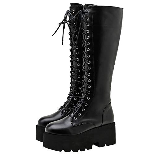 Etebella Damen Blockabsatz Plateau Gothic Kniehohe Stiefel zum Schnüren Knee High Combat Boots Punk Kniestiefel High Heels (Schwarz 4,42) von Etebella