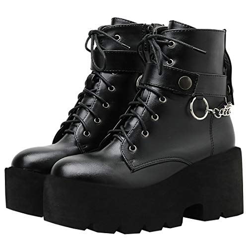 Etebella Damen Blockabsatz Plateau Stiefeletten Goth High Heels Ankle Boots zum Schnüren Punk Kette Schuhe(Schwarz,34) von Etebella