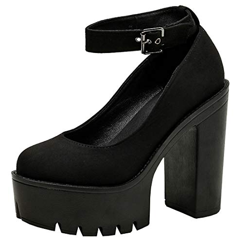 Etebella Damen Blockabsatz Riemchen Pumps High Heels mit Plateau Elegante Geschlossene Zehen Abend Schuhe(Schwarz 2,36) von Etebella