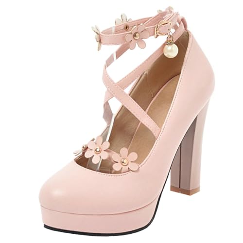 Etebella Damen Blockabsatz Riemchen Pumps Mary Jane Plateau High Heels Süße Blumen Schuhe(Rosa,38) von Etebella