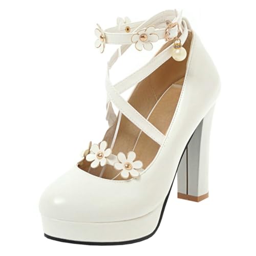 Etebella Damen Blockabsatz Riemchen Pumps Mary Jane Plateau High Heels Süße Blumen Schuhe(Weiß,37) von Etebella