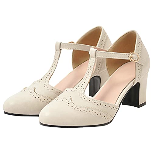 Etebella Damen Brogue Pumps mit Blockabsatz T Spangen High Heels Sandalen Vintage Mary Jane Schuhe(Beige,37) von Etebella