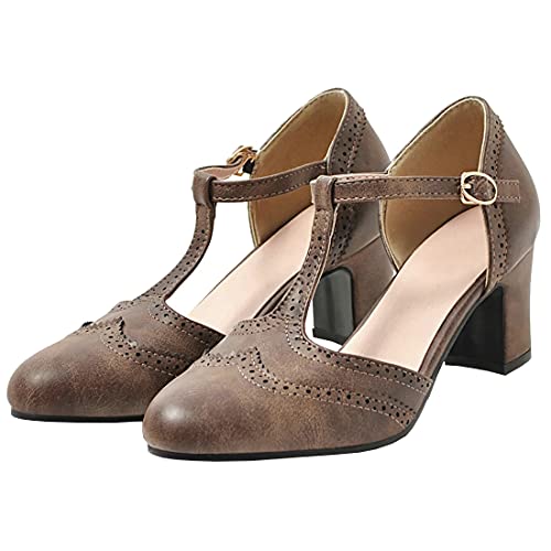 Etebella Damen Brogue Pumps mit Blockabsatz T Spangen High Heels Sandalen Vintage Mary Jane Schuhe(Dunkelbraun,38) von Etebella