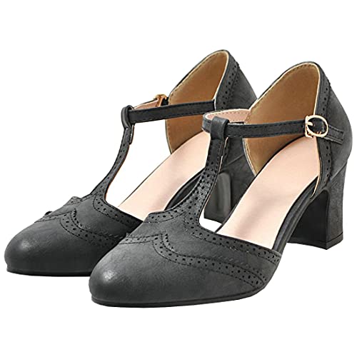 Etebella Damen Brogue Pumps mit Blockabsatz T Spangen High Heels Sandalen Vintage Mary Jane Schuhe (Schwarz,39) von Etebella