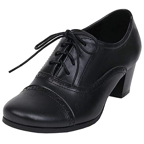 Etebella Damen Brogue Pumps mit Blockabsatz und Schnürung Oxford Schnürhalbschuhe Retro Vintage Lace Up Schuhe (Schwarz,36) von Etebella