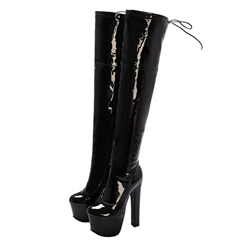 Etebella Damen Extrem High Heels Plateau Sexy Stiefel Over The Knee Boots mit schnürung und Blockabsatz Mode Schuhe (Lack Schwarz, Numeric_41) von Etebella