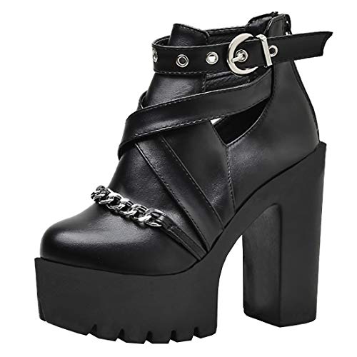 Etebella Damen Extrem High Heels Plateau Stiefeletten mit Schnalle Gothic Ankle Boots Blockabsatz Punk Zipper Schuhe(Schwarz,35) von Etebella