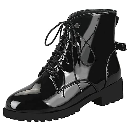 Etebella Damen Flache Schnürstiefeletten mit Schleife Hinten Lack Ankle Boots zum Schnüren Mode Bequeme Schuhe(Schwarz,39) von Etebella