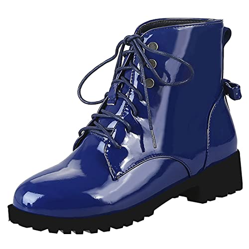 Etebella Damen Flache Schnürstiefeletten mit Schleife Hinten Lack Ankle Boots zum Schnüren Mode Bequeme Schuhe (Blau,38) von Etebella