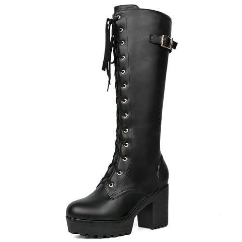 Etebella Damen Goth Knee High Combat Boots Blockabsatz High Heels Plateau Kniestiefel Punk Kniehohe Schnürstiefel(Schwarz,41) von Etebella