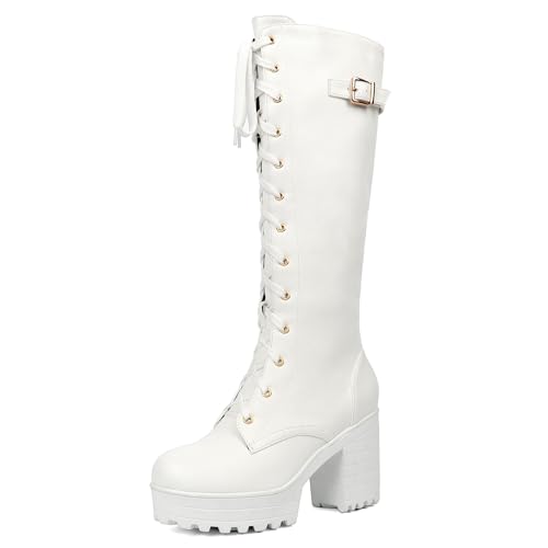Etebella Damen Goth Knee High Combat Boots Blockabsatz High Heels Plateau Kniestiefel Punk Kniehohe Schnürstiefel(Weiß,39) von Etebella