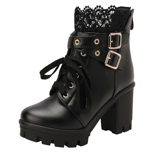 Etebella Damen Goth Plateau Blockabsatz Stiefeletten mit Schnalle Spitze High Heels Ankle Boots zum Schnüren Süße Winter Schuhe(Schwarz,39) von Etebella