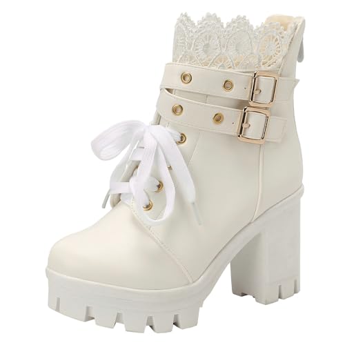 Etebella Damen Goth Plateau Blockabsatz Stiefeletten mit Schnalle Spitze High Heels Ankle Boots zum Schnüren Süße Winter Schuhe(Weiß,38) von Etebella