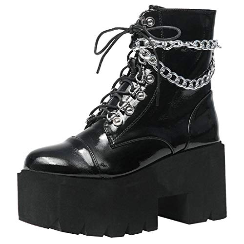 Etebella Damen Gothic High Heels Biker Boots mit Plateau Blockabsatz Schnürstiefeletten Punk Gefüttert Schuhe(Schwarz,36) von Etebella