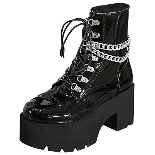 Etebella Damen Gothic High Heels Biker Boots mit Plateau Blockabsatz Schnürstiefeletten Punk Gefüttert Schuhe(Schwarz 2,36) von Etebella