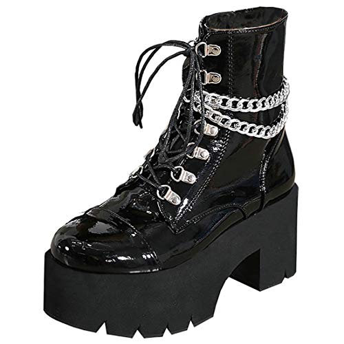 Etebella Damen Gothic High Heels Biker Boots mit Plateau Blockabsatz Schnürstiefeletten Punk Gefüttert Schuhe(Schwarz 2,39) von Etebella