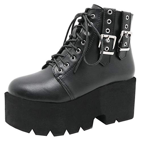 Etebella Damen Gothic Lace Up Ankle Boots High Heels Stiefeletten mit Schnürung und Schnalle Punk Plateau Schuhe (Schwarz, Numeric_37) von Etebella