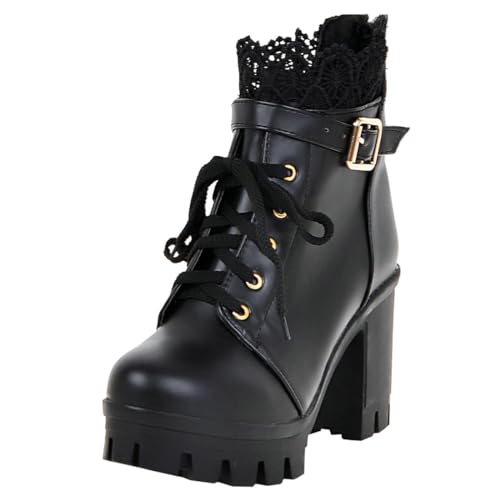 Etebella Damen Gothic Plateau Blockabsatz Stiefeletten Spitze High Heels Ankle Boots zum Schnüren Süße Winter Schuhe (Schwarz,37) von Etebella