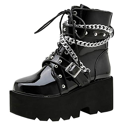 Etebella Damen Gothic Plateau Lack Ankle Boots Blockabsatz High Heels Schnürstiefeletten Punk Chain Schnalle Schuhe (Schwarz,38) von Etebella