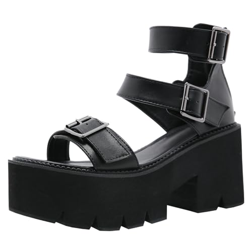 Etebella Damen Gothic Plateau Sandalen Blockabsatz Offene Sandaletten High Heels mit Riemchen(Schwarz,38) von Etebella
