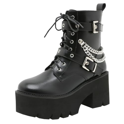 Etebella Damen Gothic Plateau Stiefeletten Blockabsatz Ankle Boots zum Schnüren Punk Combat Schuhe(Schwarz,36) von Etebella