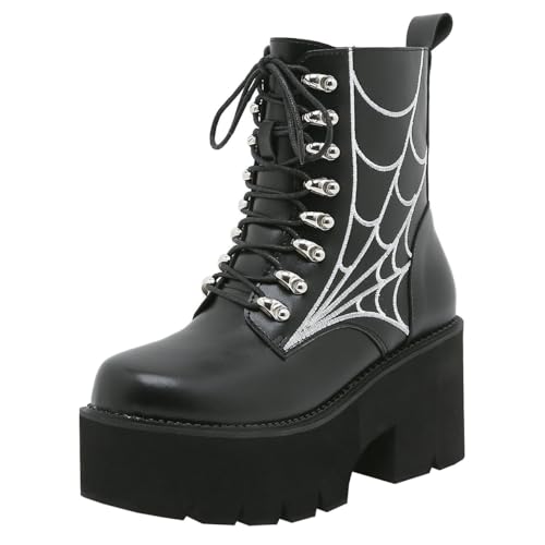 Etebella Damen Gothic Plateau Stiefeletten Blockabsatz Ankle Boots zum Schnüren Punk Combat Schuhe(Schwarz,37) von Etebella