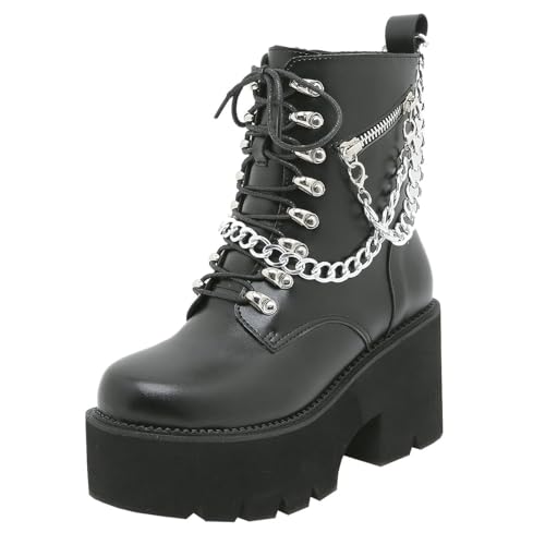 Etebella Damen Gothic Plateau Stiefeletten Blockabsatz Ankle Boots zum Schnüren Punk Combat Schuhe(Schwarz,37) von Etebella