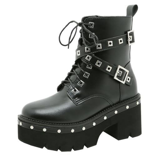 Etebella Damen Gothic Plateau Stiefeletten Blockabsatz Ankle Boots zum Schnüren Punk Combat Schuhe(Schwarz,38) von Etebella