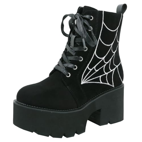 Etebella Damen Gothic Plateau Stiefeletten Blockabsatz Ankle Boots zum Schnüren Punk Combat Schuhe(Schwarz,39) von Etebella