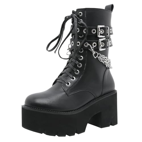 Etebella Damen Gothic Plateau Stiefeletten Blockabsatz Ankle Boots zum Schnüren Punk Combat Schuhe(Schwarz,39) von Etebella