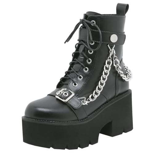 Etebella Damen Gothic Plateau Stiefeletten Blockabsatz Ankle Boots zum Schnüren Punk Combat Schuhe(Schwarz,41) von Etebella
