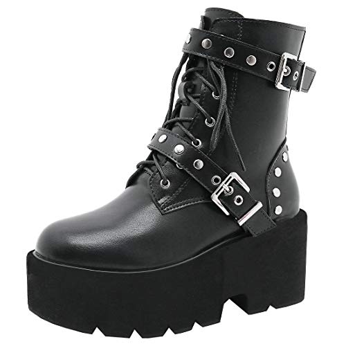 Etebella Damen Gothic Plateau Stiefeletten Blockabsatz High Heels Ankle Boots zum Schnüren Punk Schnalle Schuhe (Schwarz 1,37) von Etebella