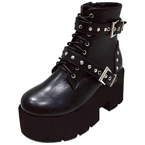 Etebella Damen Gothic Plateau Stiefeletten Blockabsatz High Heels Ankle Boots zum Schnüren Punk Schnalle Schuhe (Schwarz 2,37) von Etebella